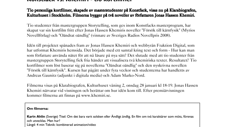 Konstfack vs. Khemiri - tio kortfilmer