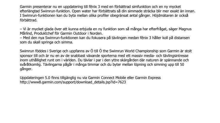 Garmin® lanserar Swimrun-funktion till Multisportklockan fēnix® 3