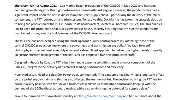 Cox Marine takes action to overcome supply chain delays
