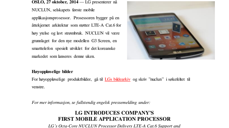 LG INTRODUSERER NUCLUN – SELSKAPETS FØRSTE MOBILE APPLIKASJONSPROSESSOR FOR SMARTTELEFONER