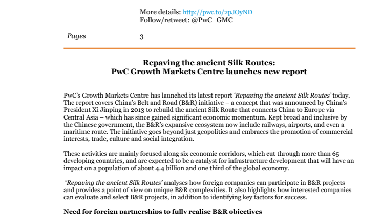 Repaving the ancient Silk Routes: PwC Growth Markets Centre launches new report