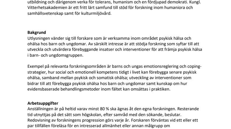 Utlysning akademiforskartjänst inriktning Psykisk hälsa och ohälsa hos barn och ungdomar