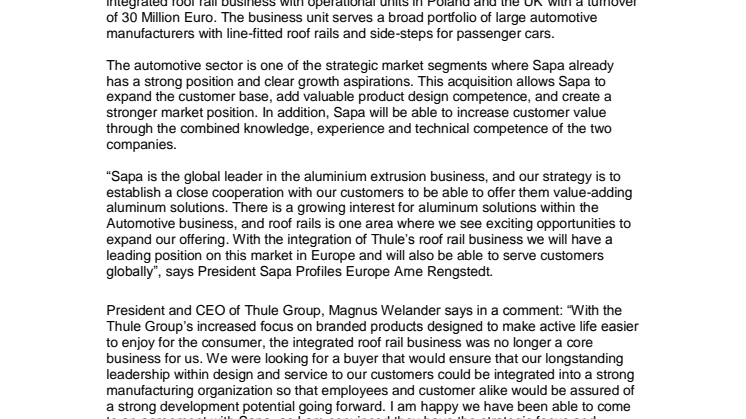 Sapa acquires integrated roof rail business from Thule