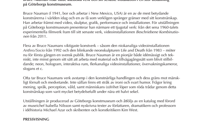 Bruce Nauman på Göteborgs konstmuseum (2 mars–1 sept 2013)