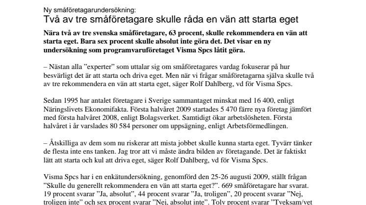 Två av tre småföretagare skulle råda en vän att starta eget