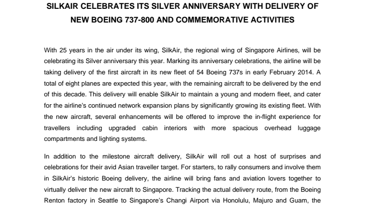 SilkAir Celebrates Its Silver Anniversary With Delivery Of New Boeing 737-800 And Commemorative Activities