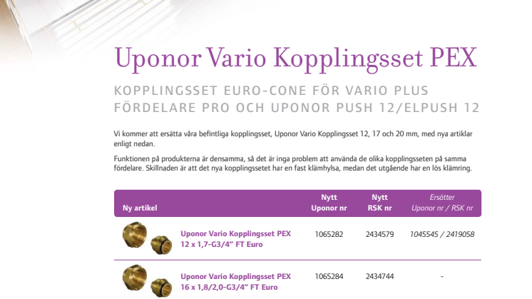 Uponor Vario Kopplingsset PEX