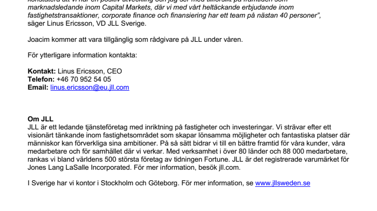 Joacim Sjöberg lämnar JLL