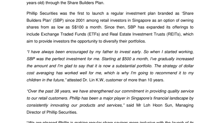 Phillip Securities Launches Joint Minor Account Service: Share Builders Plan Celebrates 12 Years & MoreE
