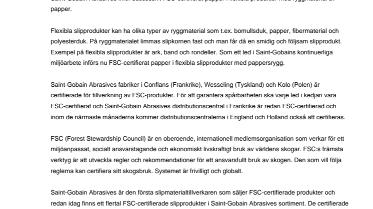 Saint-Gobain Abrasives inför FSC-certifierat papper i flexibla slipprodukter