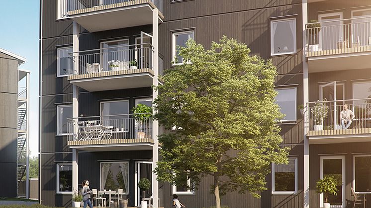 Illustrationsbild över balkongsidan i västerläge - BoKlok Bettops Allé
