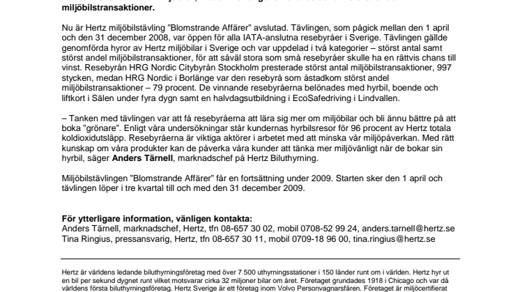 HRG Nordic vinnare av Hertz miljöbilstävling ”Blomstrande affärer”