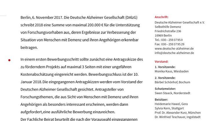 Forschungsförderung 2018 der DAlzG ausgeschrieben