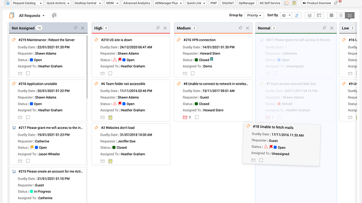 Med kanban-vyn kan du flytta ärenden mellan statusar, ändra prioritet eller tilldela tekniker med drag-and-drop.