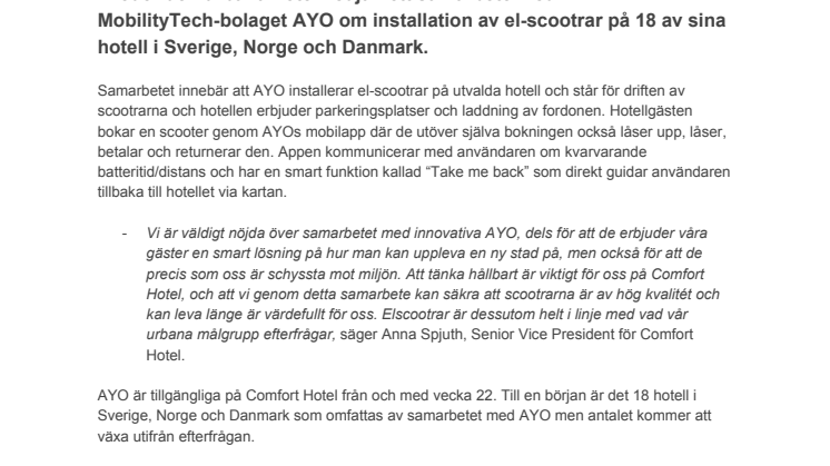 Comfort Hotel inleder samarbete med klimatsmarta MobilityTech-bolaget AYO