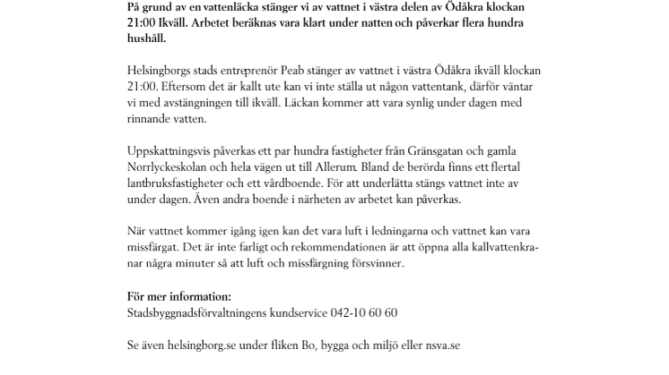Vattenavstängning i västra delarna av Ödåkra kl. 21:00