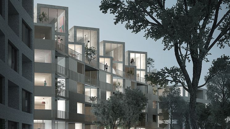 Visionsbilden visar Navet, Kärnhems och Arkitema Architects vinnande förslag för kvarteret mellan Nobelparken och Brunnshögs torg i centrala Brunnshög.