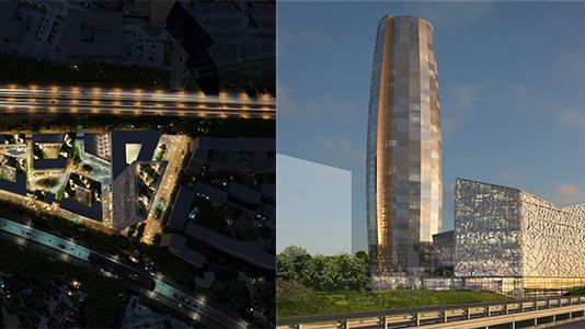 TTill vänster: Förslag från SSM, NCC, ByggVesta, Studentbacken och Nyréns Arkitektkontor - Kilenlund. TIll höger: Förslag från Serneke, ÅWL Arkitekter, People Like Us och Urban Responsibility – indoor Beach and Sport Tower