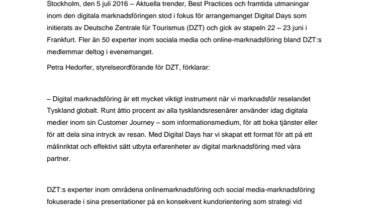 Digital Days 2016: DZT utvecklar Think Tank för digital marknadsföring av reselandet Tyskland
