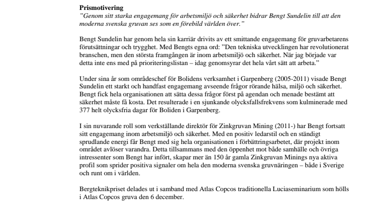 Energisk ledare hedras med Atlas Copco Bergteknikpris 