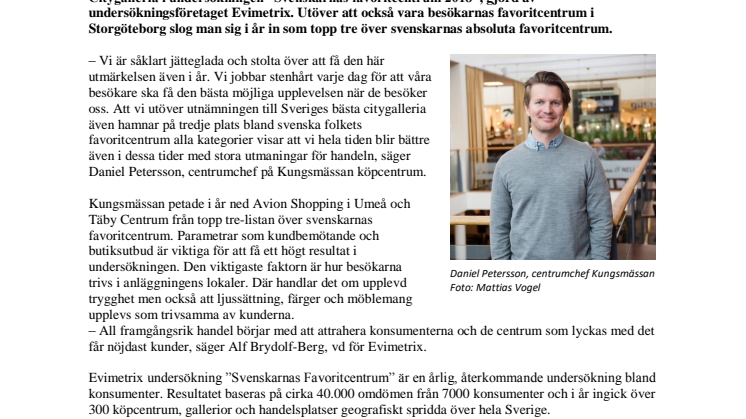 Kungsmässan vinnare i landsomfattande undersökning:  Kungsmässan bästa Citygalleria  och tredje bästa köpcentrum i Sverige