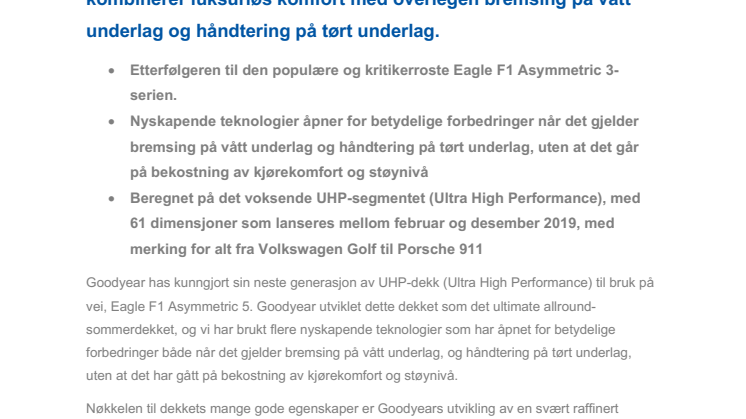 Goodyears ultimate allrounder: nye Eagle F1 Asymmetric 5 kombinerer luksuriøs komfort med overlegen bremsing på vått underlag og håndtering på tørt underlag. 