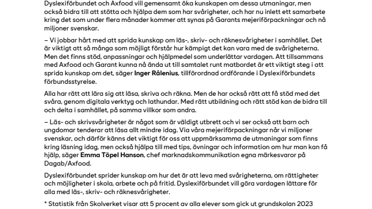 Dyslexiförbundet och Axfood i samarbete om läs- och skrivsvårigheter på Garants mejeriförpackningar