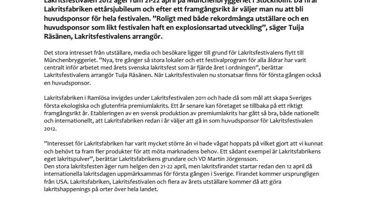 Lakritsfabriken i Ramlösa huvudsponsor för Lakritsfestivalen 2012