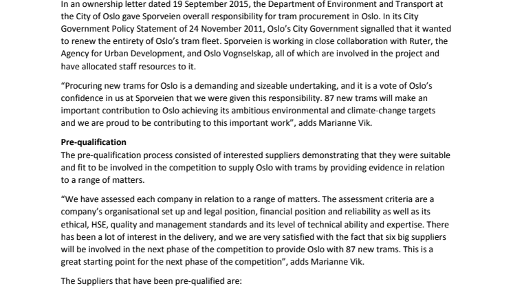 Press release_Sporveien has pre-qualified suppliers for its purchase of trams for Oslo