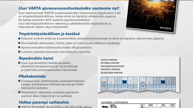 UUSI VARTA®-AJONEUVOSUOSITUSTAULUKKO