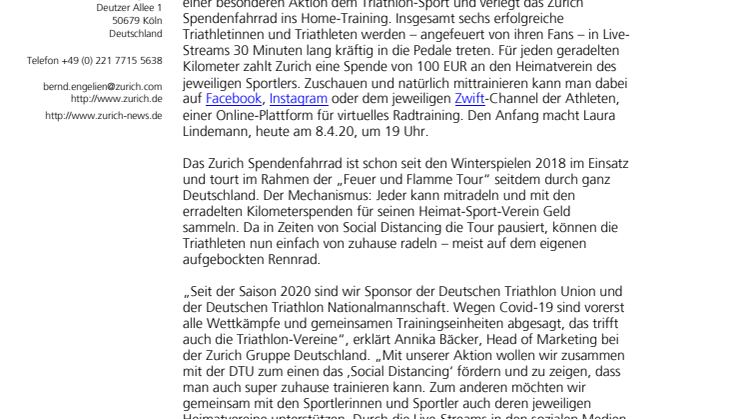Ab ins Home-Training: Zurich unterstützt Triathlon-Vereine mit Spendenfahrrad