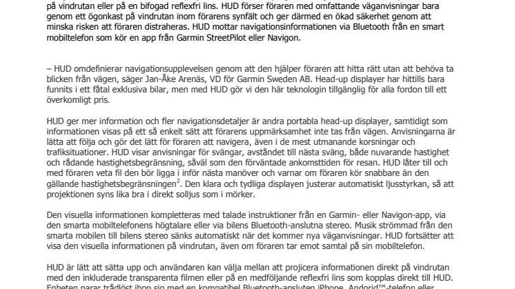 Garmin® lanserar HUD: en portabel Head-up Display som ger dig väganvisningar på nytt sätt