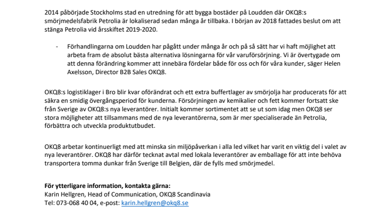 OKQ8 flyttar smörjmedelsproduktion till Belgien 