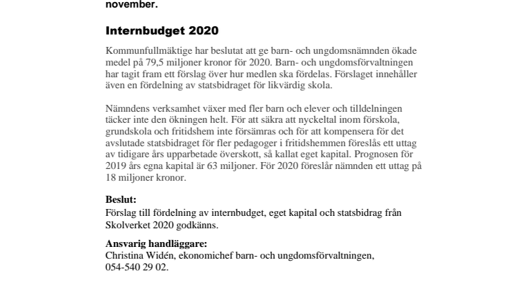 Kort från barn- och ungdomsnämnden  i november