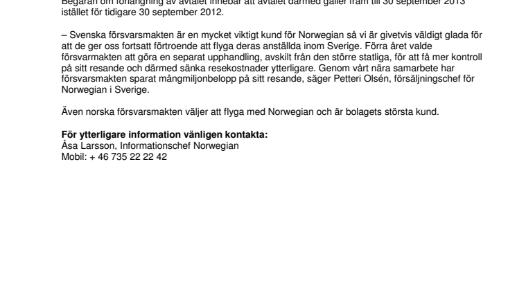 Svenska försvarsmakten förlänger inrikesavtalet med Norwegian