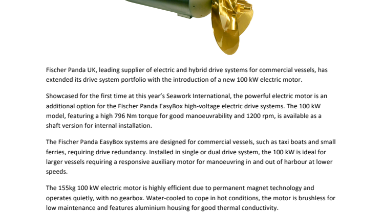 Fischer Panda UK Introduces 100 kW Electric Motor for Commercial Operators