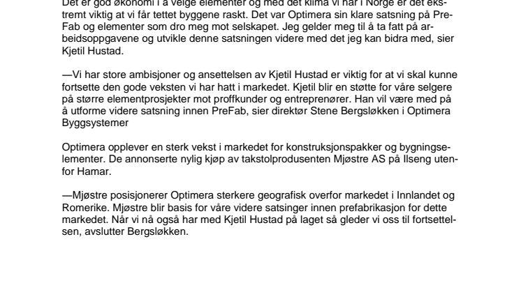 Ny salgssjef i Optimera Byggsystemer. 