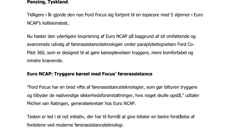 Euro NCAP roser sikkerhedsteknologi i Ford Focus
