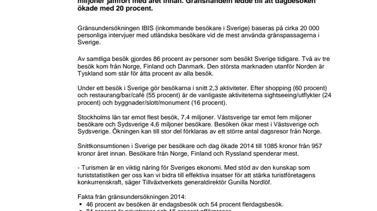 Gränsundersökning 2014: Fler utländska besökare, gränshandel växer 