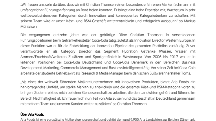 Arla Foods mit neuem Leiter für das Käse- und BSM-Geschäft in Deutschland