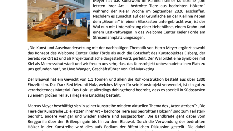Pressemitteilung: Ausstellungsobjekt "Blue Whale" ab sofort im Welcome Center Kieler Förde