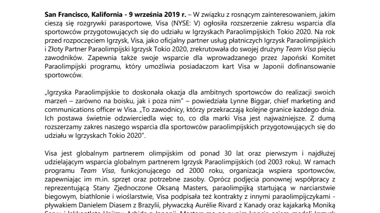 Visa rozszerza zakres wsparcia dla sportowców na rok przed Igrzyskami Paraolimpijskimi Tokio 2020