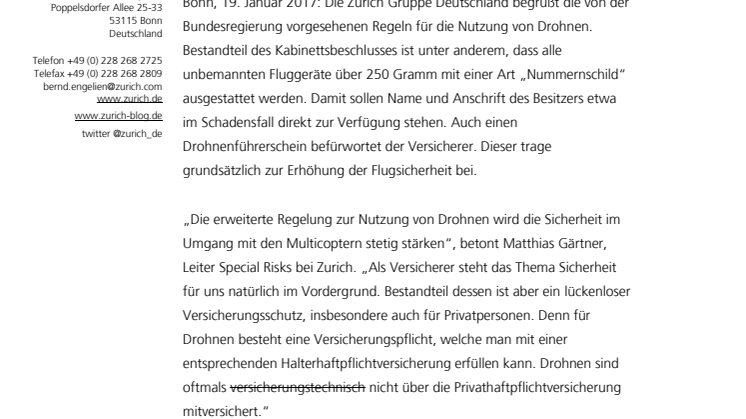 Sicherer fliegen: Zurich begrüsst Kabinettsbeschluss für die Nutzung von Drohnen 