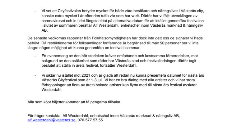 Västerås Cityfestival 2020 tvingas till slut att ställas in 