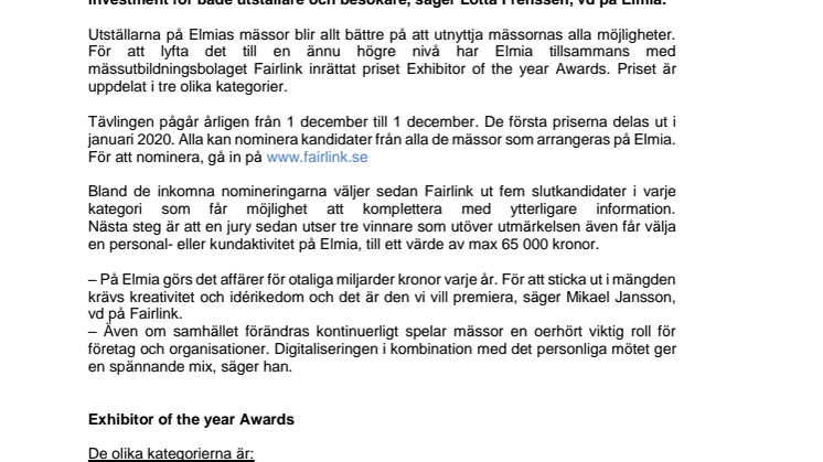 Elmia belönar framgångsrika utställare med nytt pris