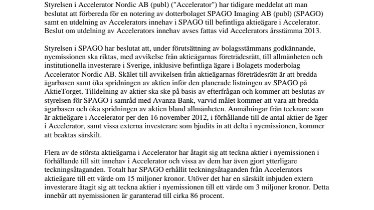 Nyemission i SPAGO Imaging AB (publ) om 21 miljoner kronor