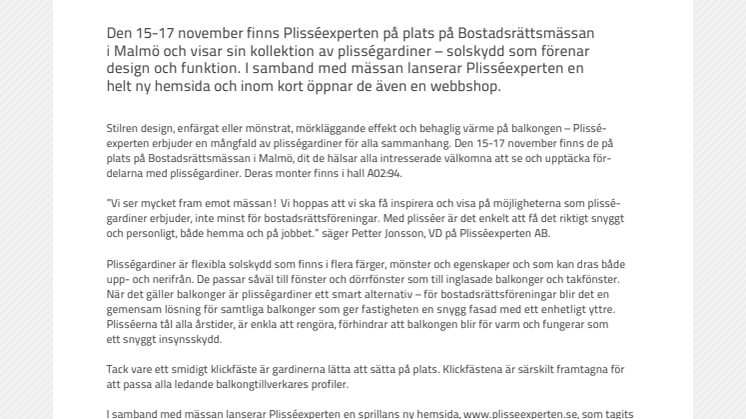 Snacka om snygga solskydd – möt Plisséexperten på Bostadsrättsmässan