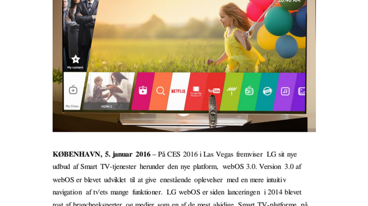LG INTRODUCERER NY VERSION AF DEN ANMELDERROSTE TV-PLATFORM, WEBOS, PÅ CES 2016