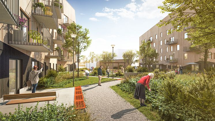 Det trygghetsboende som Sveafastigheter bygger på Öster Mälarstrand består av fyra huskroppar med en innergård avsedd för odling och gemenskap.