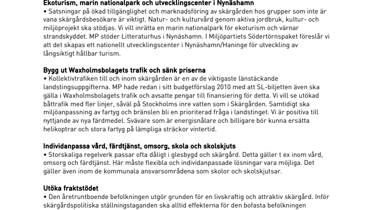 Miljöpartiets skärgårdspolitiska program, Stockholmsregionen